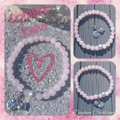 Bracelet en perles naturelles, quartz rose, pampilles cœur. et pastille